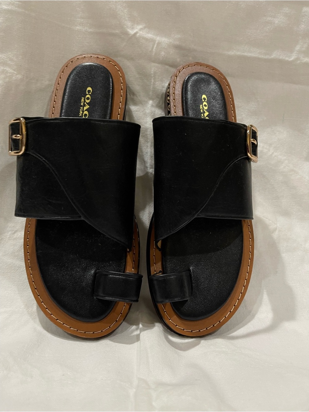 Coach Black Leather Slide Sandals with Brass Buckles Size 8.5